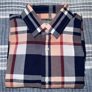 Express Men’s Slim Fit Long Sleeve Button-Up Shirt Size S – Peach Navy Plaid